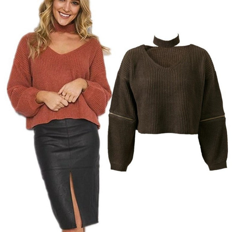 Neck V-neck Zipper Sleeve Pullover