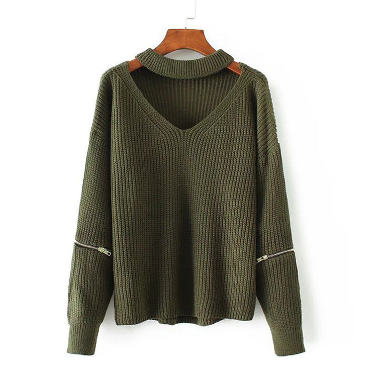 Neck V-neck Zipper Sleeve Pullover