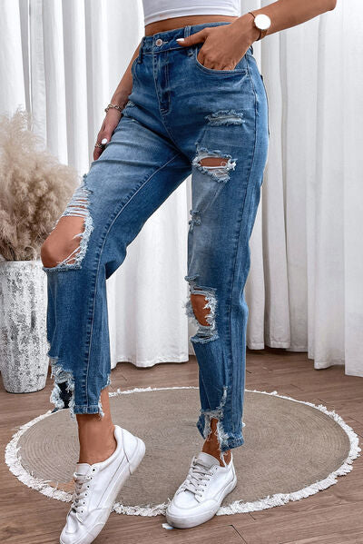 Distressed Light Colored Straight Jeans