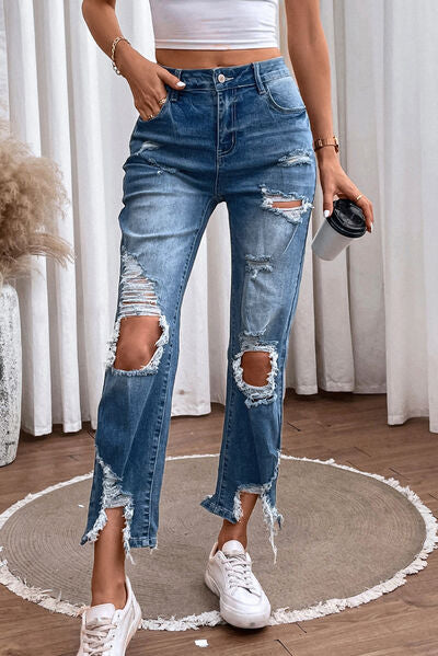 Distressed Light Colored Straight Jeans