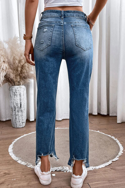 Distressed Light Colored Straight Jeans