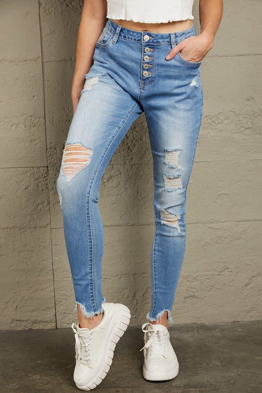 Light Blue Button Frayed Ankle Skinny Jeans